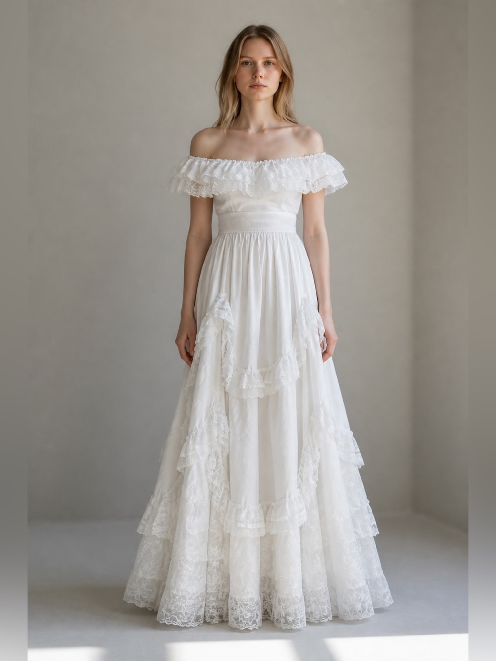 VINTAGE ALFRED ANGELO FLIRTATIONS Off the Shoulder Lace Trimmed Ball Gown
